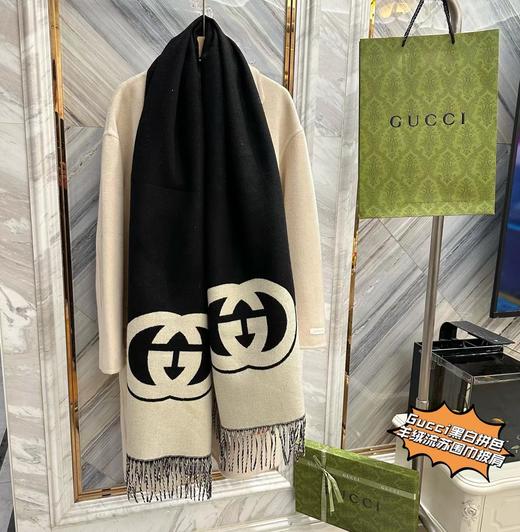 D122607新款双G重叠黑白拼色羊绒流苏围巾披肩 商品图8