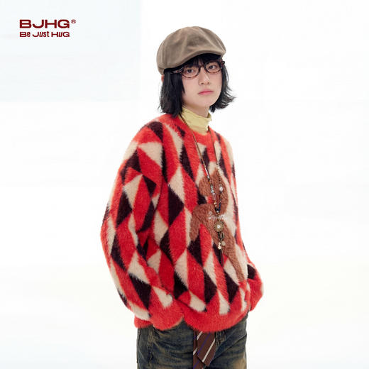 BJHG不计后果马年新年毛衣男款新款冬季格菱复古厚实撞色针织衫女 商品图3