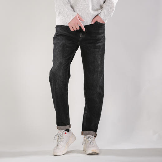 DRONKOO 2025 正常腰表袋右后袋白标绣线一体绒厚牛仔长裤 商品图1