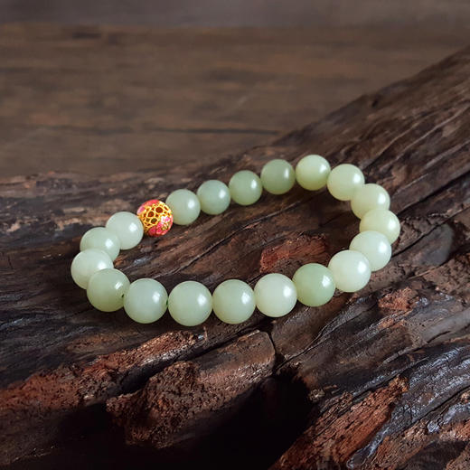 【天然正品】足金珐琅单珠配天然黄口料细腻油润度佳约10.1MM和田玉圆珠手串 171225NJ74特价：1380 商品图5