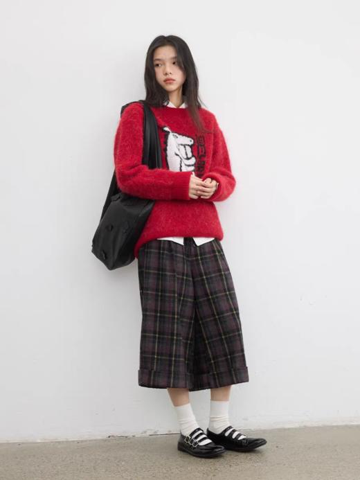 步履不停/5D43191C/60羊毛格纹毛呢折边七分裤 商品图4