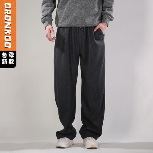 DRONKOO 2025 抽绳右裤袢装饰斜纹肌理复合绒厚休闲长裤 商品图0