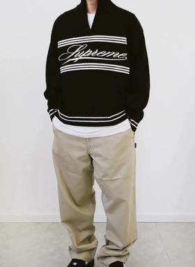 D122603条纹logo草写刺绣字母半拉链毛衣男女同款