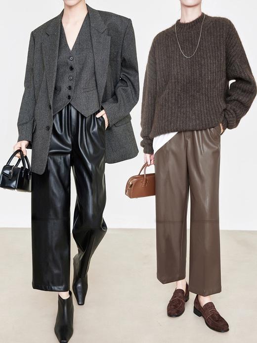 【秋冬精选】极简风老钱风蛋白皮松紧腰压缝直筒九分休闲皮裤 商品图4