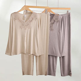西子/棉混纺V领手剪蕾丝弹力睡衣套装家居服套装/JJKX0030