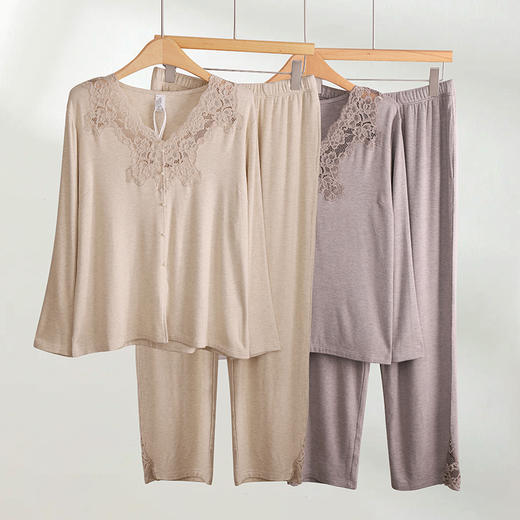 西子/棉混纺V领手剪蕾丝弹力睡衣套装家居服套装/JJKX0030 商品图0