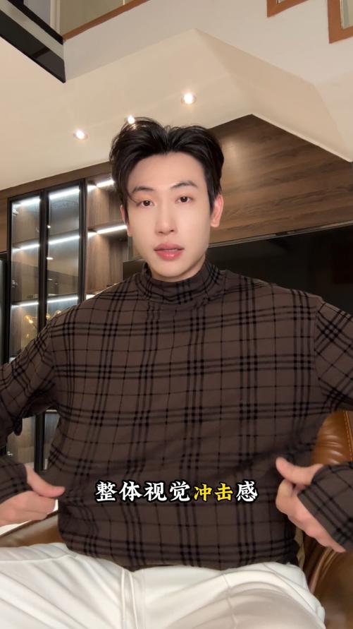 T5073SDSA男士秋冬新款痞帅男装潮牌复古撞色格纹格子立领长袖T恤百搭 商品图0