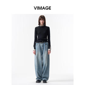 VIMAGE纬漫纪时尚撞色盖手喇叭袖半高圆领气质针织衫冬季新款V2201815