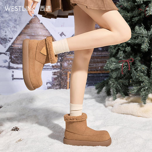 西遇厚底毛毛雪地靴女冬季新款一脚蹬棉鞋子保暖勃肯短靴K0057368 商品图3