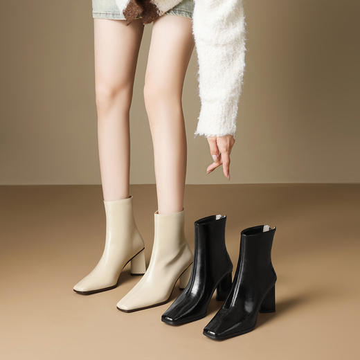 【预售5天】英伦时尚真皮粗跟新款方头拉链女靴气质瘦瘦靴OFSM&OFSM6403 商品图0