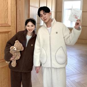 【拍2套178元起】CaCa情侣睡衣羊羔绒加厚家居服 冬季立领拉链休闲外穿套装