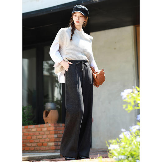 【鹅公主 羊毛蚕丝法式直筒裤】90-155斤可穿，美绒呢羊毛直筒裤，面层质感佳，直筒修饰腿型，后口袋添美。做工精，腰部抽绳更舒适~ 商品图1