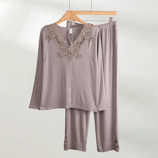 西子/棉混纺V领手剪蕾丝弹力睡衣套装家居服套装/JJKX0030 商品图2