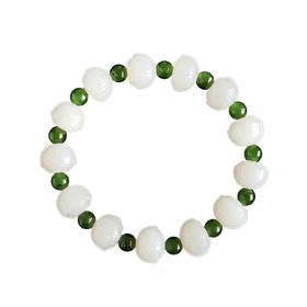 【天然正品】天然新疆料细腻一级白油润度佳莲花造型约12.2*9.5MM和田玉配菠菜绿碧玉手串白玉：12.2*9.5MM 碧玉：6.0MM(皆取最大值) 171225NJS55