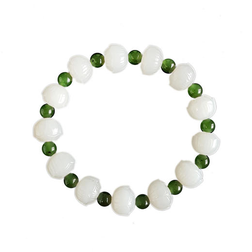 【天然正品】天然新疆料细腻一级白油润度佳莲花造型约12.2*9.5MM和田玉配菠菜绿碧玉手串白玉：12.2*9.5MM 碧玉：6.0MM(皆取最大值) 171225NJS55 商品图0