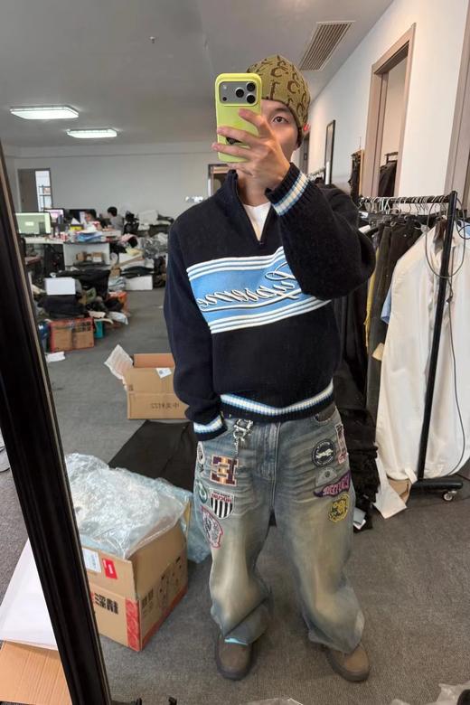 D122603条纹logo草写刺绣字母半拉链毛衣男女同款 商品图4