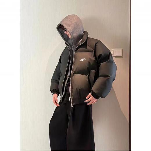 D122619美式设计感假两件PU皮立领加厚羽绒棉服外套男女同款 商品图1