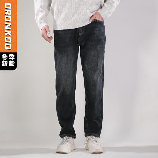 DRONKOO 2025 正常腰表袋黑皮标复合厚绒厚牛仔长裤 商品图0