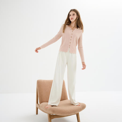 三彩2026春季新款雪尼尔休闲长裤高腰松紧直筒阔腿裤宽松简约M 商品图2