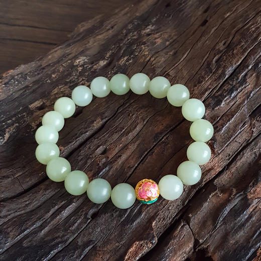 【天然正品】足金珐琅单珠配天然黄口料细腻油润度佳约10.1MM和田玉圆珠手串 171225NJ74特价：1380 商品图4