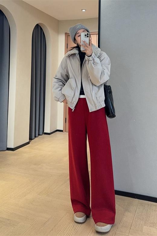 新年团宠糯米棉暗红窄版加厚加绒阔腿直筒裤高腰休闲裤 商品图9