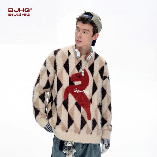 BJHG不计后果马年新年毛衣男款新款冬季格菱复古厚实撞色针织衫女 商品图2