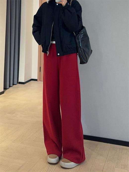 新年团宠糯米棉暗红窄版加厚加绒阔腿直筒裤高腰休闲裤 商品图4