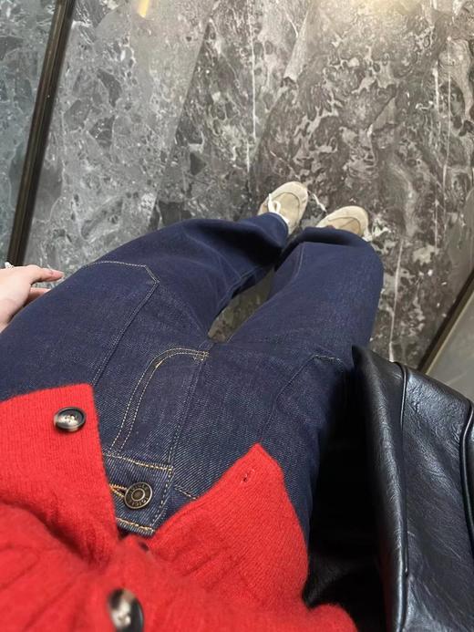 D122630秋冬加绒直筒裤复古深蓝色贴兜牛仔裤 商品图2