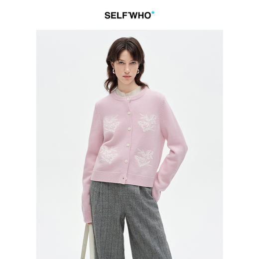 SELFWHO100%进口绵羊毛刺绣花纹针织开衫女2026春季新款圆领毛衣 商品图0