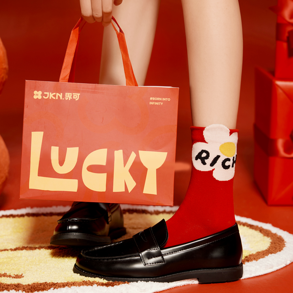 热卖2W+新年袜！新年开运红红火火 JKN秋冬马年情侣中筒袜 新疆长绒棉 5双礼盒装 2026新款新年鸿运袜