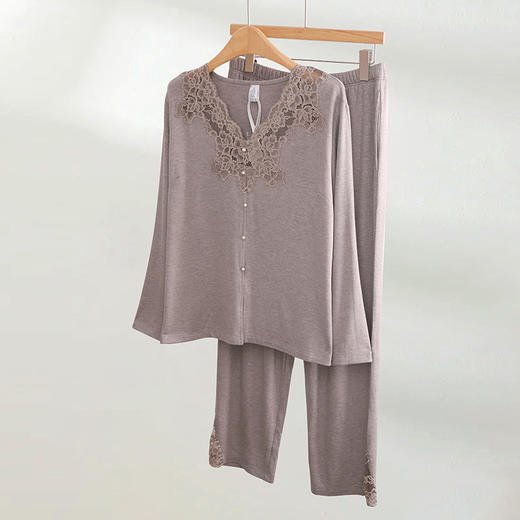 西子/棉混纺V领手剪蕾丝弹力睡衣套装家居服套装/JJKX0030 商品图4
