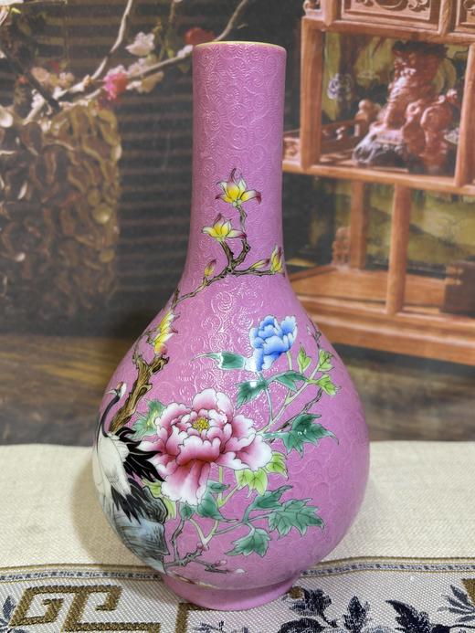 粉红扒花仙鹤花卉纹胆瓶 商品图0