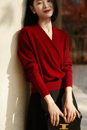 正红法式通勤100%羊毛交叉叠襟领大气知性针织衫上衣