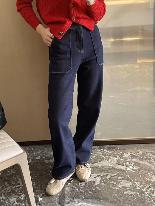 D122630秋冬加绒直筒裤复古深蓝色贴兜牛仔裤 商品图0