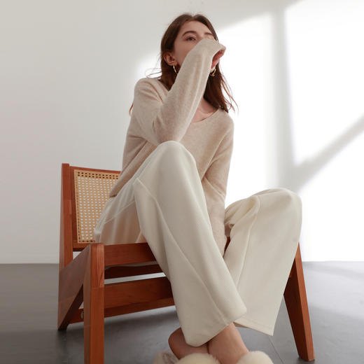 三彩2026春季新款雪尼尔休闲长裤高腰松紧直筒阔腿裤宽松简约M 商品图1