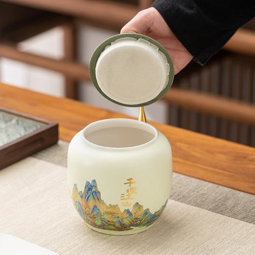 【取茶便捷❗️密封性好】千里江山陶瓷茶叶罐高级家用红茶绿茶密封罐大容量新中式茶叶罐。jb 商品图2