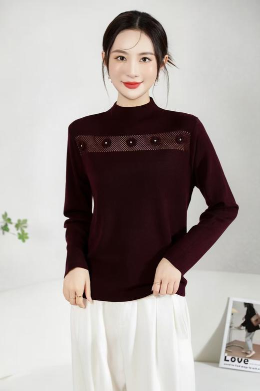 伯妮斯茵 | 复古精致 半高领钉珠针织衫 细腻针织面料 百搭遮肉 约会出游款  SZ6E03 朱红色 商品图0