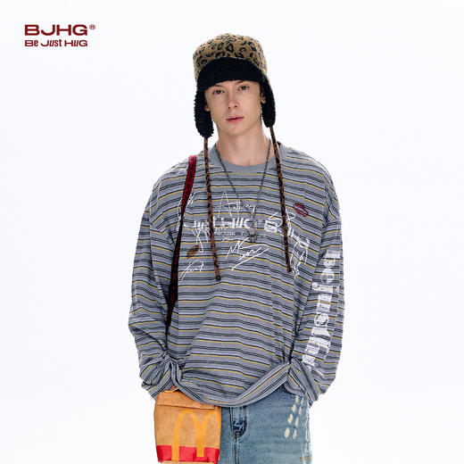 BJHG不计后果 条纹长袖T恤男款春季潮牌美式复古休闲纯棉卫衣薄女 商品图2
