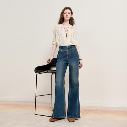 三彩2026春季新款显瘦高腰牛仔裤微喇裤休闲长裤垂感喇叭裤M 商品图1