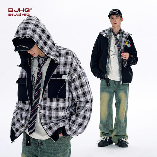 BJHG不计后果双面穿开衫连帽卫衣男款春季美式针织帽衫格纹外套女 商品图1