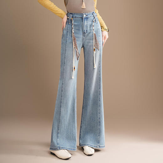 「自」全新升级【铂金会员192/天猫259/差价67】(01920)洛诗琳气质微喇牛仔裤2026春季新款高腰显瘦腰带直筒裤女 商品图0