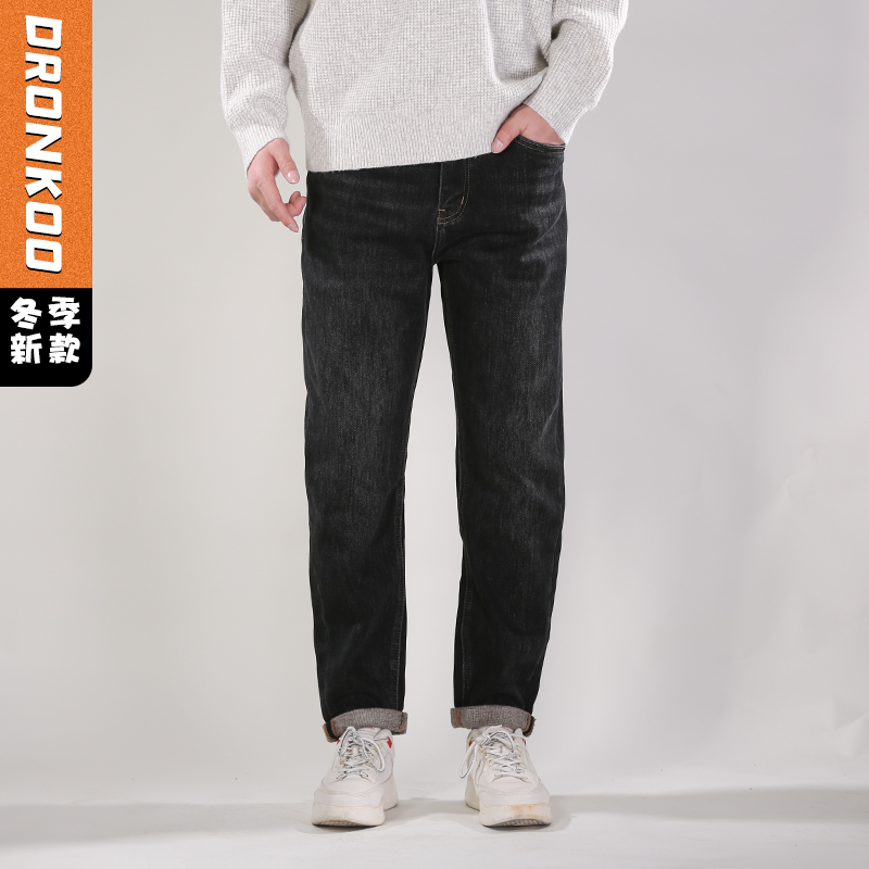 DRONKOO 2025 正常腰表袋右后袋白标绣线一体绒厚牛仔长裤