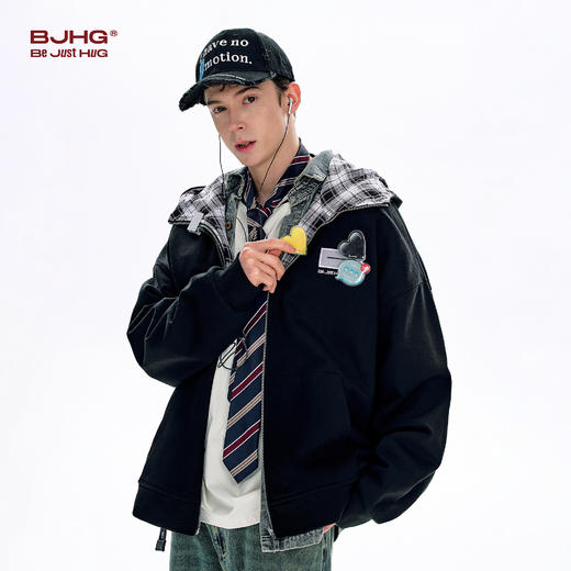 BJHG不计后果双面穿开衫连帽卫衣男款春季美式针织帽衫格纹外套女 商品图3