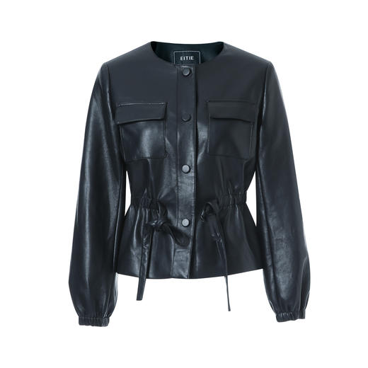 EITIE爱特爱2025春季新款时尚通勤复古圆领百搭抽绳显瘦皮衣外套8103817 商品图5