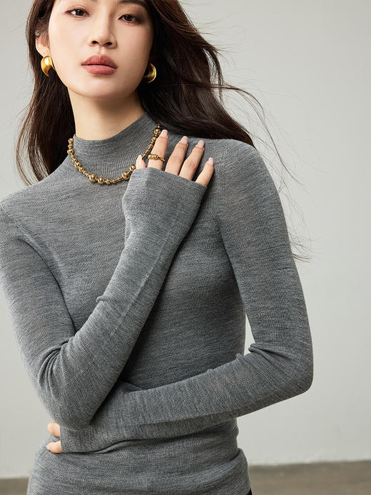 一体无缝100%绵羊毛高领长袖套头针织衫 商品图4