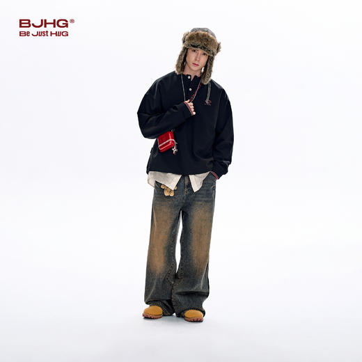 BJHG不计后果美式半高领卫衣男款春季宽松上衣老钱风长袖polo衫女 商品图1