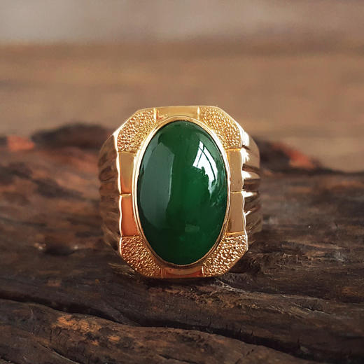 【天然正品】A货翡翠AU750收藏级黄金镶天然细腻糯种满绿蛋面翡翠宽版戒指16.9*10.3MM(皆取最大值)戒圈：24号 171225NJS37 商品图2