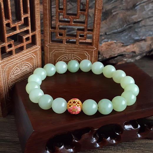 【天然正品】足金珐琅单珠配天然黄口料细腻油润度佳约10.1MM和田玉圆珠手串 171225NJ74特价：1380 商品图2