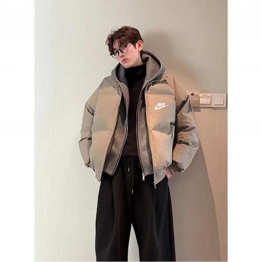 D122619美式设计感假两件PU皮立领加厚羽绒棉服外套男女同款 商品图5