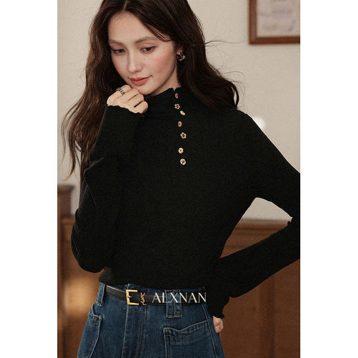 鹿向南「黑松绵绵」法式黑色T恤女秋冬季半高领内搭长袖上衣 商品图4